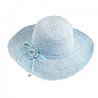 Wide Brim Hand Crocheted w/ Matching Flower Band - Light Blue - HT-8149LBL